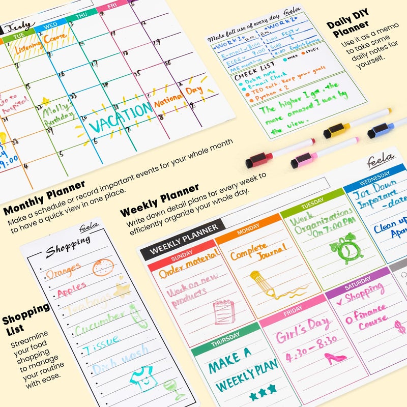 Feela 4 Pack Dry Erase 2024 Magnetic White Board Calendar Kit, Feela Monthly Weekly Calendar for Wall Refrigerator, Office Supplies with 8 Magnetic Erase Markers, 1 Eraser, 10 Stickers for Schedule - Image 5